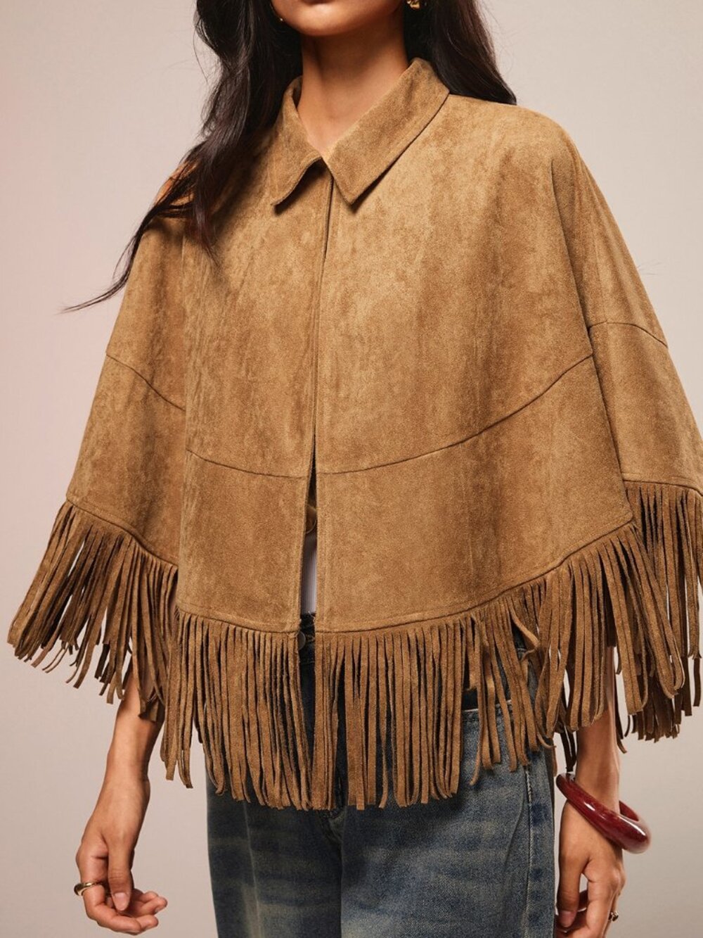 tan Casual Women's Fringe detail Collar cape poncho Top - Picture 7 of 9